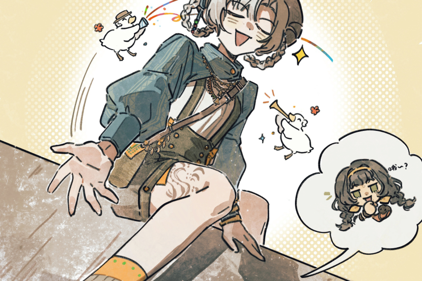 2girls :d bag bird blue_sleeves braid braided_hair_rings brown_bag brown_headwear brown_shorts bugle closed_eyes cobra_(animal) confetti duck dutch_angle facing_viewer feet_out_of_frame flower green_eyes grey_hair hair_rings hairband halftone halftone_background hand_up highres holding holding_party_popper instrument kanjira leg_tattoo long_sleeves low_twin_braids matilda_bouanich matilda_bouanich_(the_genius&#039;s_holiday) multiple_girls music official_art on_wall open_hand open_mouth outstretched_arm outstretched_hand overall_shorts overalls party_popper playing_instrument reverse:1999 shirt shorts shoulder_bag shrug_(clothing) sitting sitting_on_wall smile socks sparkle spoken_character tattoo twin_braids two-tone_background white_background white_shirt yellow_background yellow_hairband yellow_socks