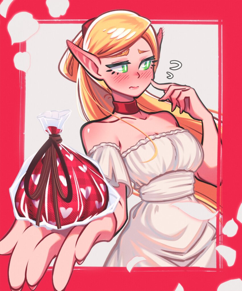 1girl alternate_breast_size bag bare_shoulders blonde_hair blush breasts choker cleavage commentary detached_sleeves dress dungeon_meshi ear_blush flying_sweatdrops foreshortening green_eyes highres holding holding_bag large_breasts loen long_hair marcille_donato petals pointy_ears ponytail red_choker solo strapless strapless_dress upper_body very_long_hair white_dress