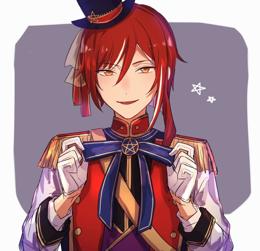 1boy adjusting_neck_ribbon asymmetrical_hair bishounen black_hat blue_ribbon blunt_ends border ensemble_stars! epaulettes gloves grey_background half-closed_eye hands_up hat highres light_smile long_sleeves looking_ahead looking_at_viewer male_focus mandarin_collar mini_hat mini_top_hat multicolored_hair neck_ribbon orange_eyes outside_border parted_lips pentagram red_hair red_shirt ribbon rounded_corners sakasaki_natsume shirt short_hair_with_long_locks single_sidelock solo star_(symbol) straight-on streaked_hair top_hat upper_body v1030s024 white_border white_gloves white_hair white_sleeves yellow_trim