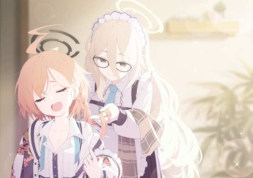 2girls ahoge akane_(blue_archive) apron black_jacket blonde_hair blue_archive blue_necktie braiding_hair closed_eyes closed_mouth earrings fang floral_print game_cg glasses hair_behind_ear hair_between_eyes hairdressing highres huge_ahoge jacket jewelry long_bangs long_hair maid maid_apron maid_headdress mole mole_under_eye multiple_girls necktie neru_(blue_archive) non-web_source official_art plaid_clothes plaid_shawl red_hair shawl shirt sidelocks skin_fang smile stud_earrings sukajan upper_body white_apron white_shirt white_sleeves yellow_eyes