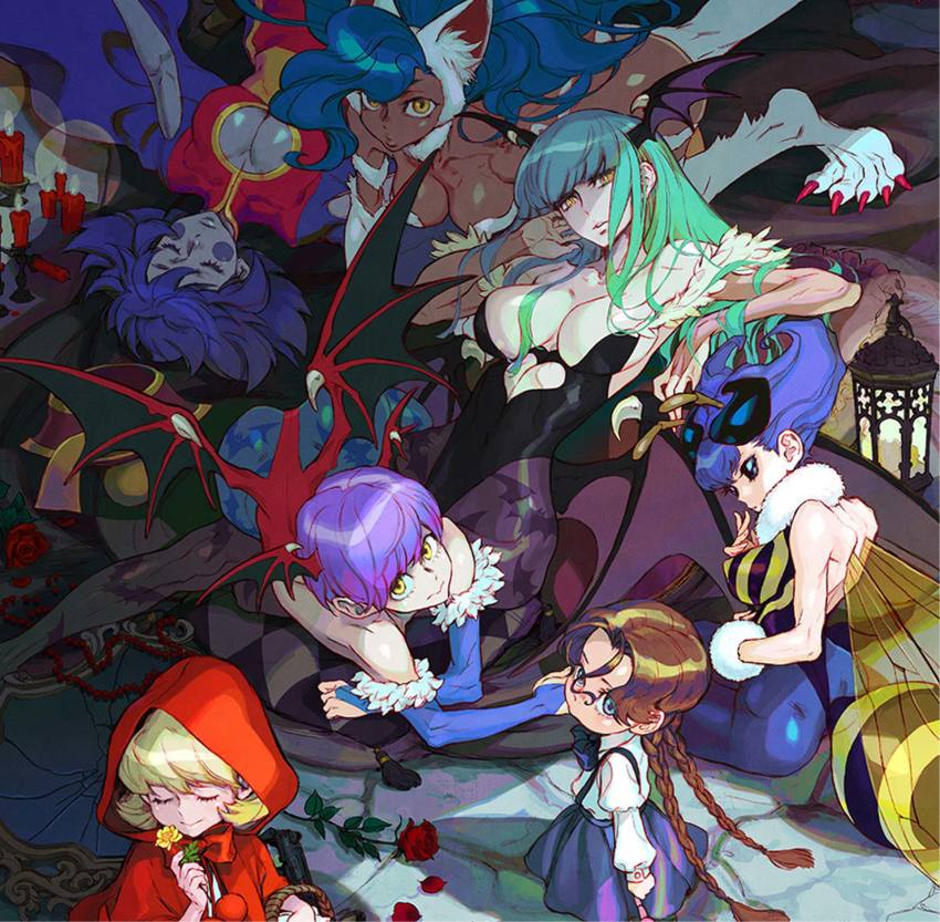 6+girls animal_ears animal_print anita_(darkstalkers) arthropod_girl bare_shoulders bat_print bee_girl blonde_hair blue_eyes blue_hair body_fur breasts bridal_gauntlets b.b._hood candle capcom cat_ears claws cleavage clothing_cutout demon_girl felicia_(darkstalkers) flower green_hair head_wings heart_cutout highres hood insect_girl jiangshi lantern large_breasts hsien-ko leotard lilith_(darkstalkers) long_hair monster_girl morrigan_aensland multiple_girls nishimura_kinu official_art pantyhose print_legwear purple_hair q-bee darkstalkers wings yellow_eyes