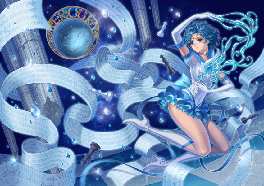 10s 1girl bass_clef beamed_quavers bishoujo_senshi_sailor_moon bishoujo_senshi_sailor_moon_crystal bishoujo_senshi_sailor_moon_stars blue_boots blue_bow blue_eyes blue_hair blue_sailor_collar boots bow brooch chess_piece choker circlet eclosion elbow_gloves female_focus flat_sign full_body gloves high_heel_boots high_heels jewelry knee_boots layered_skirt looking_at_viewer magical_girl matching_hair/eyes mizuno_ami musical_note name_connection object_namesake pillar pleated_skirt quaver quaver_rest sailor_collar sailor_mercury sheet_music short_hair skirt solo star_brooch super_sailor_mercury_(stars) treble_clef water_drop white_boots white_gloves