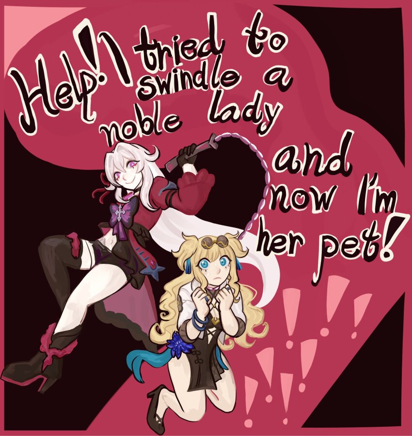2girls black_dress black_footwear black_shorts blonde_hair blue_eyes bright_pupils commentary dress english_commentary english_text high_heels highres honkai_(series) honkai_impact_3rd long_hair multiple_girls nattnattkatt navel purple_eyes short_dress short_shorts shorts songque songque_(astralop) thelema_nutriscu thelema_nutriscu_(mad_pleasure:_shadowbringer) two_side_up very_long_hair white_hair white_pupils