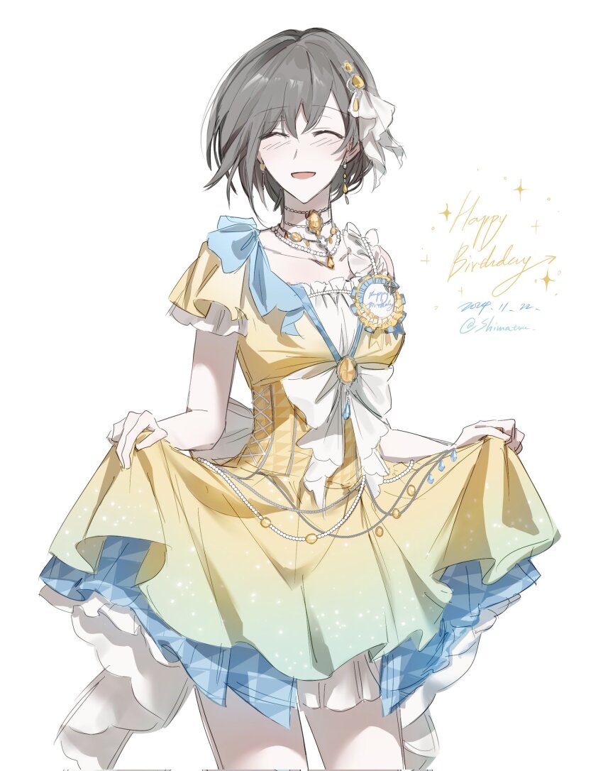 1girl 4nots1 ^_^ bang_dream! bang_dream!_it&#039;s_mygo!!!!! blush bow choker closed_eyes commentary dated dress earrings grey_hair happy_birthday highres jewelry open_mouth short_hair short_sleeves skirt_hold solo takamatsu_tomori twitter_username white_bow white_choker yellow_brooch yellow_corset yellow_dress