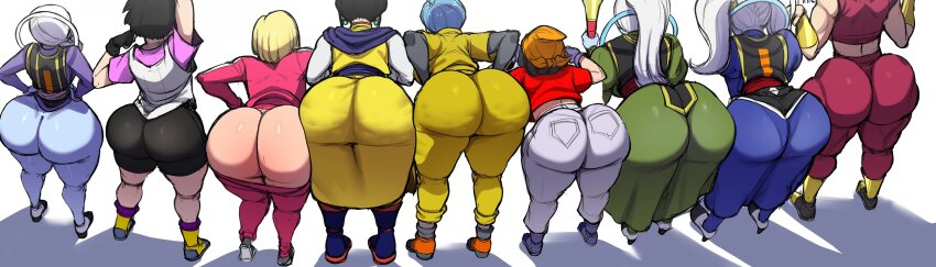 6+girls absurdres android_18 ass ass_focus black_hair blackwhiplash blonde_hair blue_hair bulma chi-chi_(dragon_ball) cus dragon_ball dragon_ball_gt dragon_ball_super dragonball_z female_focus highres huge_ass kefla_(dragon_ball) marcarita_(dragon_ball) multiple_girls pan_(dragon_ball) third-party_edit vados_(dragon_ball) videl white_background white_hair