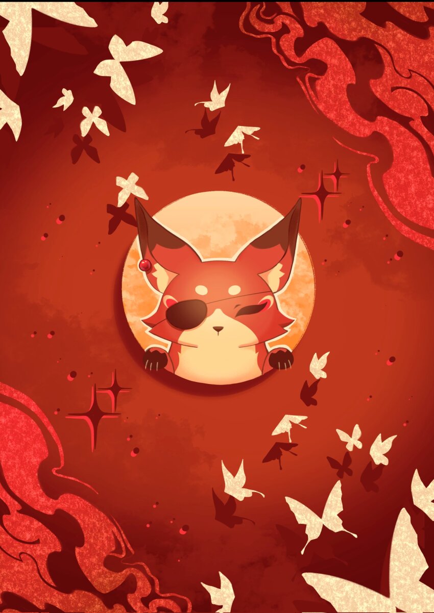 animal animal_ear_piercing animal_focus animalization bug butterfly closed_eyes closed_mouth colored_smoke commentary earrings english_commentary eyeliner eyepatch fox full_moon gem highres hua_cheng insect jewelry looking_at_viewer makeup monochrome moon no_humans red_eyeliner red_fur red_gemstone red_theme shadow single_earring smoke sparkle tianguan_cifu verbartt white_butterfly