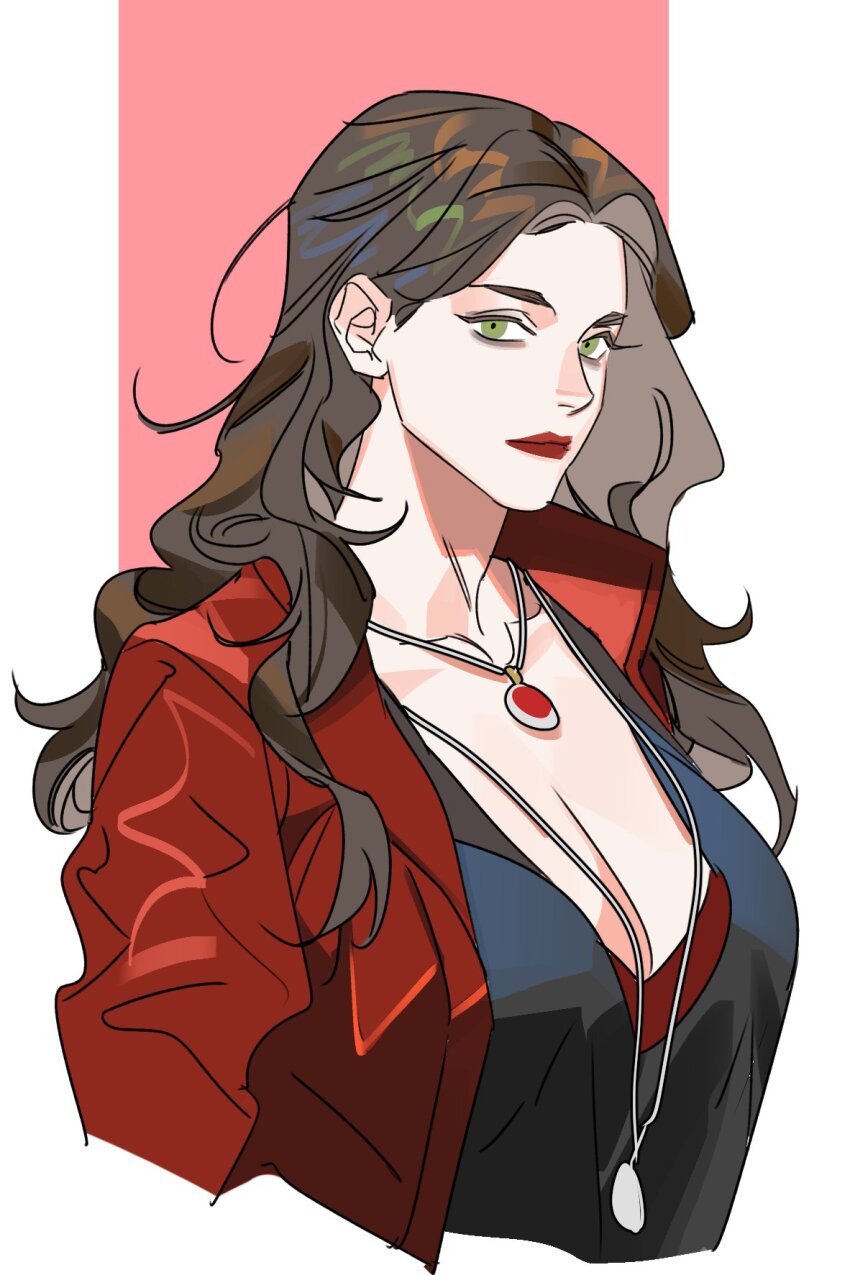 1girl avengers:_age_of_ultron avengers_(series) black_dress border breasts brown_hair cleavage closed_mouth collarbone commentary_request dress gem green_eyes highres jacket jewelry karmaho korean_commentary lapels large_breasts long_hair long_sleeves looking_at_viewer marvel marvel_cinematic_universe necklace open_clothes open_jacket outside_border pink_background red_gemstone red_jacket red_lips sidelocks simple_background solo upper_body wanda_maximoff wavy_hair white_border