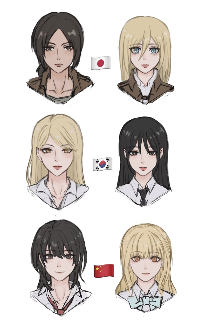 6+girls a_ai_ri black_eyes black_hair blonde_hair blue_eyes collared_shirt commentary cropped_shoulders highres jacket japanese_flag ju_sungji krista_lenz long_hair multiple_girls paradis_military_uniform people&#039;s_republic_of_china_flag ponytail qiu_tong shingeki_no_kyojin shirt south_korean_flag sq_(series) sun_jing sung_sumin symbol-only_commentary what_does_the_fox_say_(webtoon) white_shirt yellow_eyes ymir_(shingeki_no_kyojin)