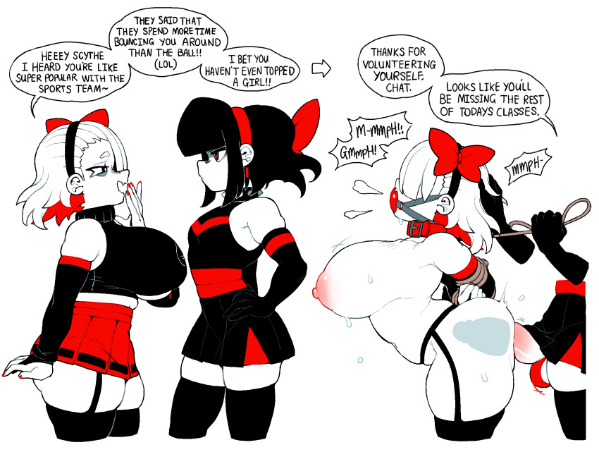 1boy 1girl black_hair breasts chat_(dizzyspells) crossdressing dizzyspells english_text from_side gag highres huge_breasts instant_loss large_penis nipples original penis ribbon scythe_(dizzyspells) sex skirt thick_thighs thighhighs thighs trap trap_on_female