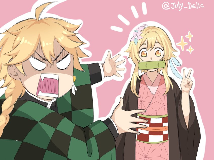 1boy 1girl aether_(genshin_impact) ahoge alternate_costume bamboo blonde_hair brother_and_sister commentary cosplay english_commentary flower genshin_impact hair_between_eyes hair_flower hair_ornament japanese_clothes julydelic kamado_nezuko kamado_nezuko_(cosplay) kamado_tanjirou kamado_tanjirou_(cosplay) kimetsu_no_yaiba kimono long_hair long_sleeves looking_at_viewer lumine_(genshin_impact) mouth_guard obi parody sash short_hair short_hair_with_long_locks siblings sidelocks v wide_sleeves yellow_eyes