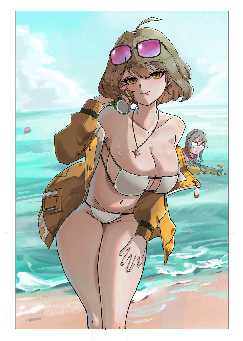 2girls absurdres ahoge anis_(nikke) anis_(sparkling_summer)_(nikke) bare_shoulders beach bikini blush breasts cleavage collarbone day eyepatch_bikini eyewear_on_head glasses goddess_of_victory:_nikke grey_hair highres holding jacket jewelry large_breasts light_brown_hair long_hair looking_at_viewer multiple_girls necklace neon_(blue_ocean)_(nikke) neon_(nikke) ocean off-shoulder_jacket off_shoulder official_alternate_costume orange_eyes orange_jacket outdoors pink-tinted_eyewear sand short_hair shouyou_(egcr8334) side-tie_bikini_bottom string_bikini sunglasses sweat swimsuit tinted_eyewear water white_bikini