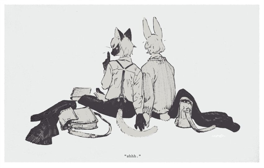 2boys bag body_fur cat_boy commentary english_commentary finger_to_mouth full_body furry furry_male grey_background holding_hands jacket looking_at_viewer looking_back male_focus multiple_boys nagabe original rabbit_boy satchel shirt short_hair shushing simple_background sitting suspenders sweater tail unworn_jacket