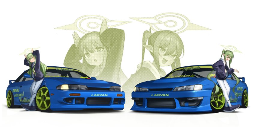 2girls advan black_tube_top blue_archive blue_car blue_footwear blue_jacket blue_pants blush breasts bride_(brand) car green_hair halo haow highres hikari_(blue_archive) jacket long_hair looking_at_viewer motor_vehicle multiple_girls nissan nissan_silvia nissan_silvia_s14 nozomi_(blue_archive) open_hand panties pants rabbit_pose shoes small_breasts smile sports_car strapless tube_top twintails underwear vehicle_focus very_long_hair watermark web_address white_panties yellow_eyes zoom_layer