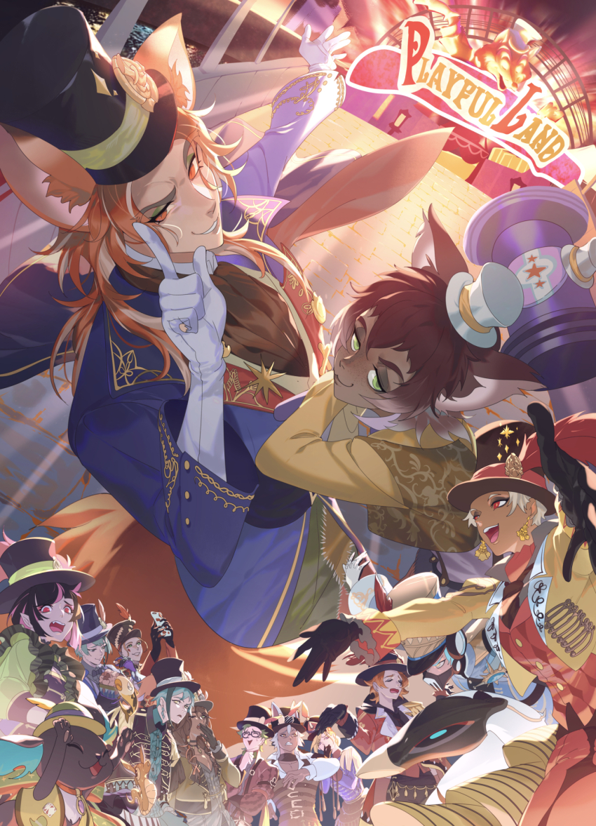 6+boys ace_trappola animal_ears blue_coat brown_hair cat_boy cat_ears cater_diamond coat fellow_honest fishee_(fisheem4mmal) floyd_leech fox_boy fox_ears fox_tail freckles gidel_(twisted_wonderland) gloves green_eyes grim_(twisted_wonderland) hat highres holding holding_mallet jack_howl jade_leech kalim_al-asim leona_kingscholar lilia_vanrouge long_hair looking_at_viewer male_focus mallet mini_hat mini_top_hat multiple_boys orange_eyes orange_hair ortho_shroud short_hair slit_pupils tail top_hat trey_clover twisted_wonderland vest vil_schoenheit