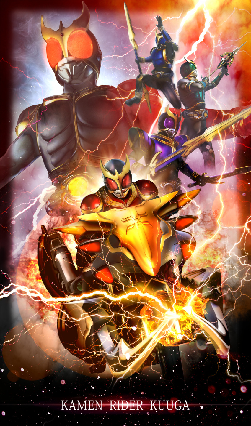 1boy arcle_(kuuga) arm_up armor black_armor blue_armor breastplate character_name commentary_request compound_eyes dual_wielding electricity forehead_jewel glowing glowing_eyes gold_armor gold_horns gold_trim gouram green_armor gun highres holding holding_gun holding_polearm holding_sword holding_weapon jumping kamen_rider kamen_rider_kuuga kamen_rider_kuuga_(rising_form) kamen_rider_kuuga_(series) light_particles masukudo_(hamamoto_hikaru) motorcycle multiple_forms multiple_views on_motorcycle polearm purple_armor red_armor red_eyes rider_belt shoulder_armor sword tokusatsu weapon