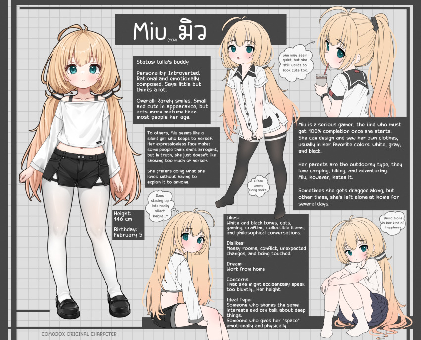 1girl alternate_language blonde_hair comodox english_text highres long_hair low_twintails miu_(comodox) multiple_views original pantyhose reference_sheet shorts thighhighs twintails