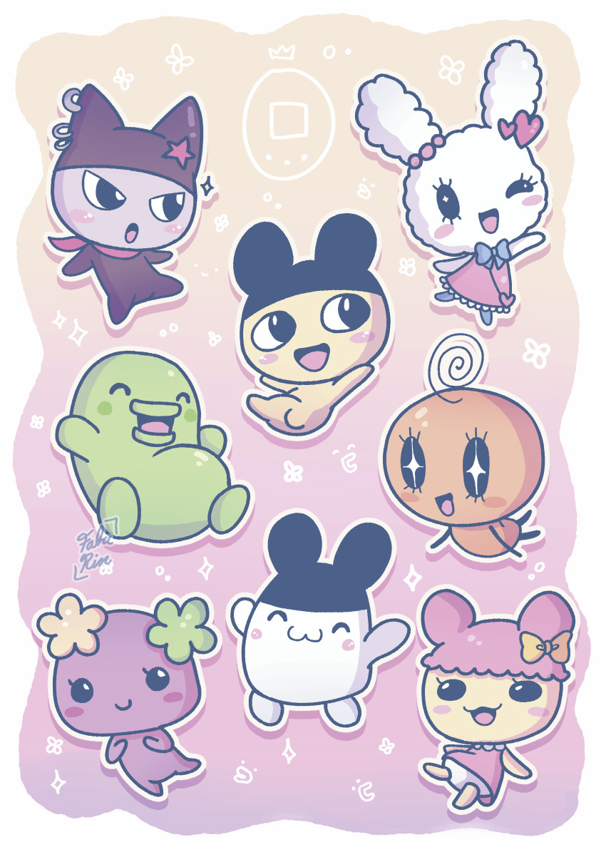 3boys 5girls :3 absurdres ahoge blush_stickers border bow chamametchi chibi chibi_only closed_eyes commentary earrings english_commentary faburin flower flowertchi hair_bow happy heart highres jewelry kuchipatchi kuromametchi lovelitchi mametchi memetchi mimitchi multiple_boys multiple_girls pastel_colors smile sparkle sparkling_eyes star_(symbol) tamagotchi tamagotchi_(creature) watermark white_border