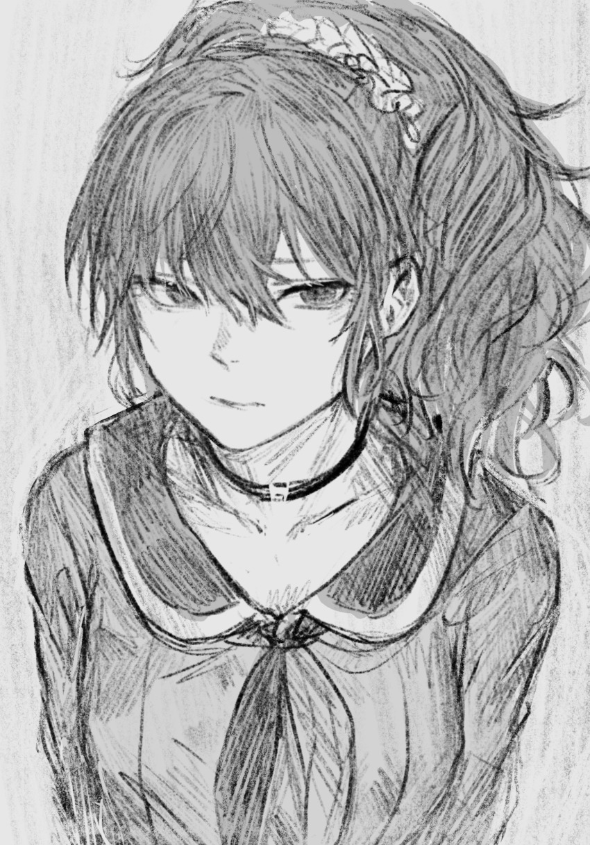 132_(bb32768) 1girl asahina_mafuyu chinese_commentary choker closed_mouth commentary_request greyscale hair_over_shoulder highres long_hair looking_at_viewer monochrome neckerchief ponytail project_sekai solo upper_body