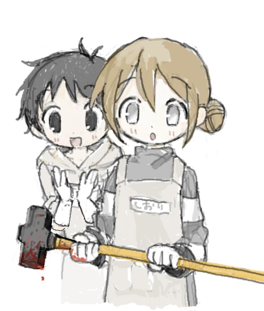 1boy 1girl :o apron behind_another black_eyes black_sweater blood blood_on_gloves bloody_weapon brown_hair clapping cropped_legs fuji_misato gloves grey_apron grey_eyes hair_bun hammer hands_up highres hitonatz holding holding_hammer hood hood_down kuroshio_current long_sleeves looking_at_viewer raised_eyebrows shiori_(kuroshio_current) short_hair simple_background single_side_bun sledgehammer smile striped_sleeves sweater translation_request turtleneck weapon white_background white_gloves