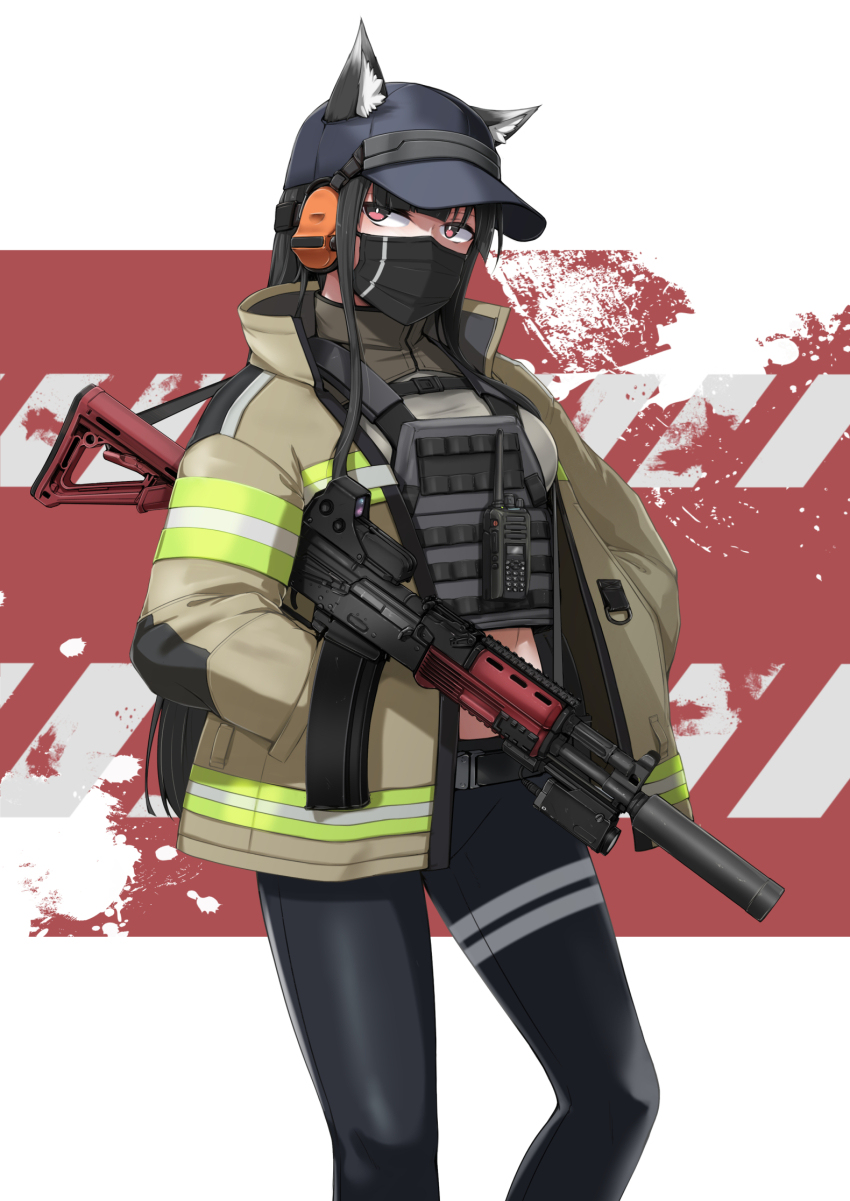 1girl ak-74 animal_ears assault_rifle baseball_cap black_pants blue_hat breasts brown_jacket bulletproof_vest crop_top fox_ears fox_girl grey_shirt gun hat high-visibility_clothing high-visibility_jacket highres jacket kalashnikov_rifle mask medium_breasts mouth_mask optical_sight original pants rifle sekino_takehiro shirt solo stomach suppressor weapon