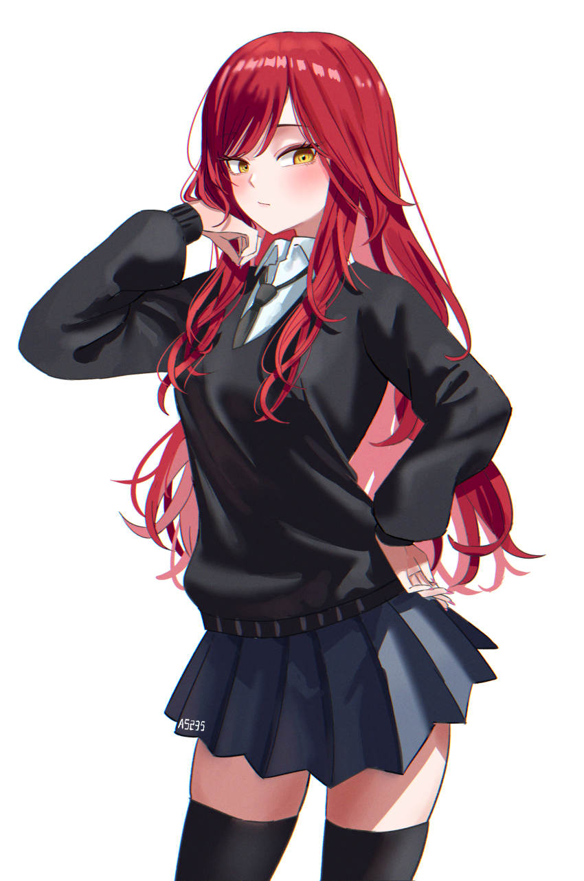 1girl a5235 absurdres black_necktie black_sweater black_thighhighs castle_knight_charlotte collared_shirt colored_inner_hair contrapposto cowboy_shot dress_shirt grey_skirt hand_on_own_hip highres long_hair long_sleeves looking_at_viewer miniskirt multicolored_hair necktie pleated_skirt red_hair school_uniform shirt simple_background skirt solo sweater thighhighs very_long_hair virtual_youtuber waktaverse white_background white_shirt wing_collar yellow_eyes zettai_ryouiki