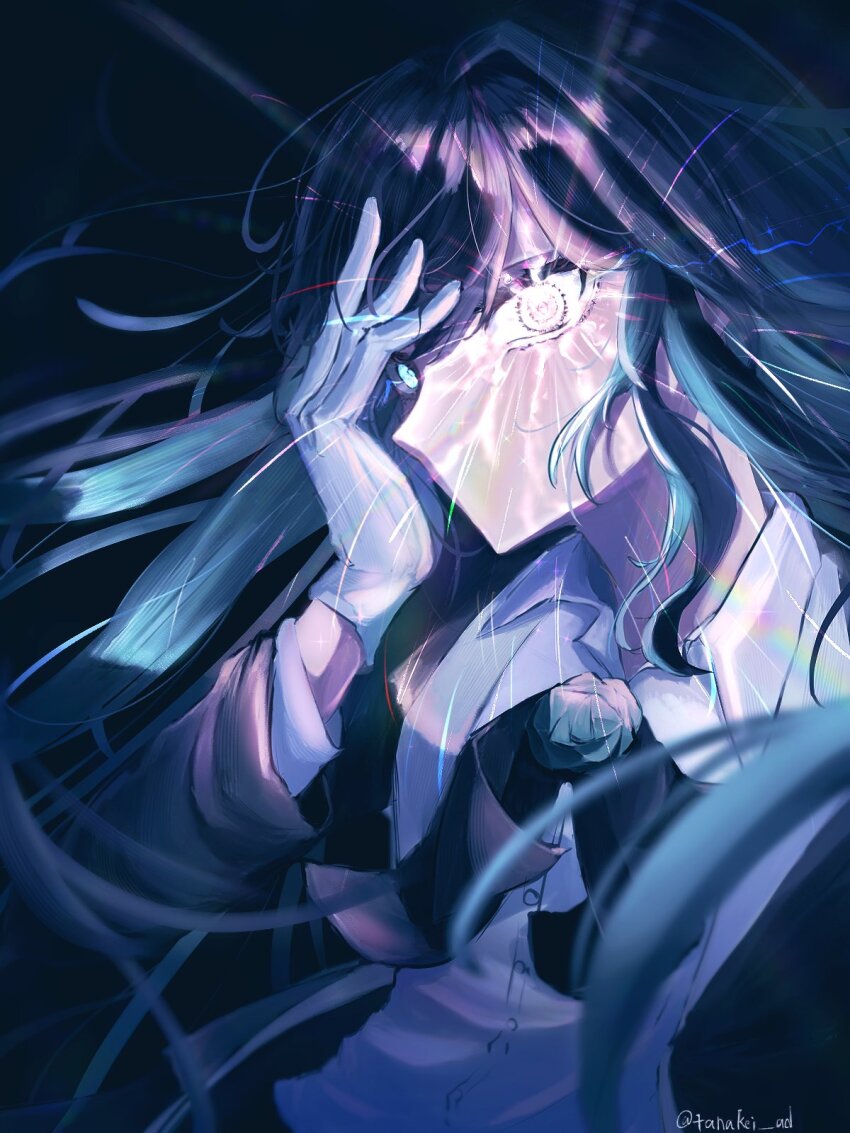 1girl ado_(utaite) blue_hair chando_(ado) collared_shirt colored_inner_hair commentary dress_shirt gloves hand_on_own_face hashtag-only_commentary highres long_hair looking_at_viewer multicolored_hair shirt sidelocks solo tanake_(tanakei_ado) twitter_username upper_body utaite white_gloves white_shirt