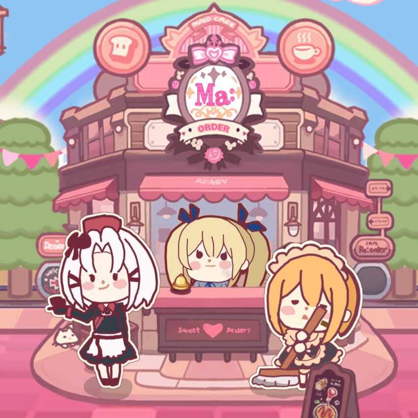 3girls alternate_costume apron black_dress blonde_hair blush_stickers cat character_name chibi drake_(maid_for_villain)_(nikke) drake_(nikke) dress earrings enmaided frilled_dress frills goddess_of_victory:_nikke highres holding jewelry laplace_(nikke) maid maid_headdress maxwell_(nikke) multiple_girls official_alternate_costume orange_hair outdoors rainbow rito_555 short_hair twintails white_apron white_hair