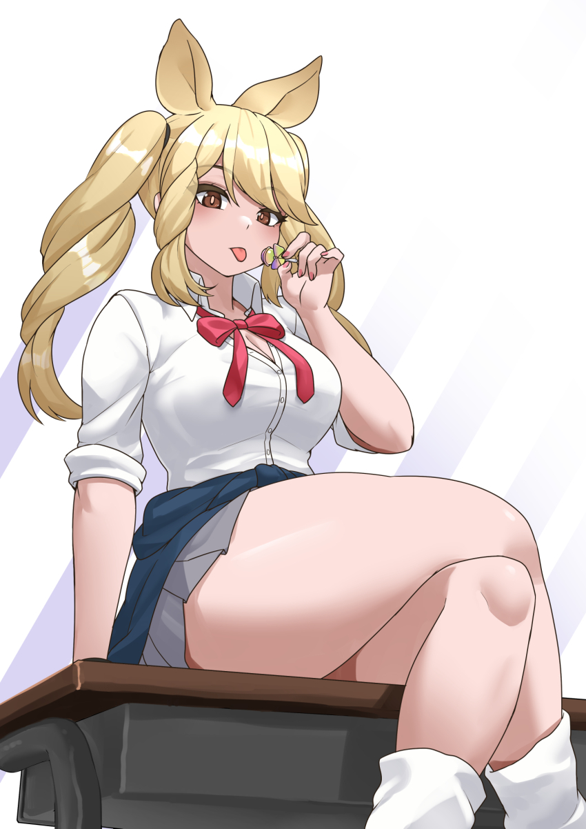 1girl :p alternate_costume animal_ears blonde_hair blue_jacket blush bow bowtie braid brown_eyes candy clothes_around_waist collared_shirt crossed_legs desk extra_ears food from_below grey_skirt highres jacket jacket_around_waist kawanami_eito kemono_friends lollipop long_hair looking_at_viewer loose_socks pleated_skirt red_bow red_bowtie rhinoceros_ears rhinoceros_girl school_uniform shirt short_sleeves side_braid sitting skirt socks solo t-shirt tongue tongue_out twintails white_rhinoceros_(kemono_friends) white_shirt white_socks