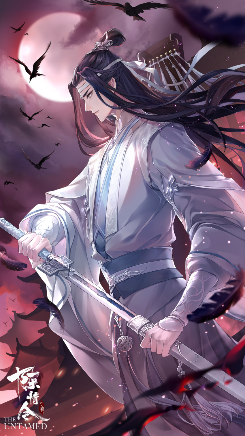 1boy architecture bird black_bird black_feathers black_hair black_smoke blue_sash chen_qing_ling chinese_clothes chinese_commentary closed_mouth cloud copyright_name crow embers falling_feathers feathers from_side full_moon hanfu headband highres holding holding_sword holding_weapon jian_(weapon) lan_wangji long_hair long_sleeves looking_to_the_side male_focus modao_zushi moon night night_sky official_art outdoors profile robe sash sheath sky sleeves_past_wrists smoke solo standing sword sword_tassel tassel topknot unsheathing upper_body weapon white_hanfu white_headband wide_sleeves xiao_guan_(headdress) yaopei yellow_eyes