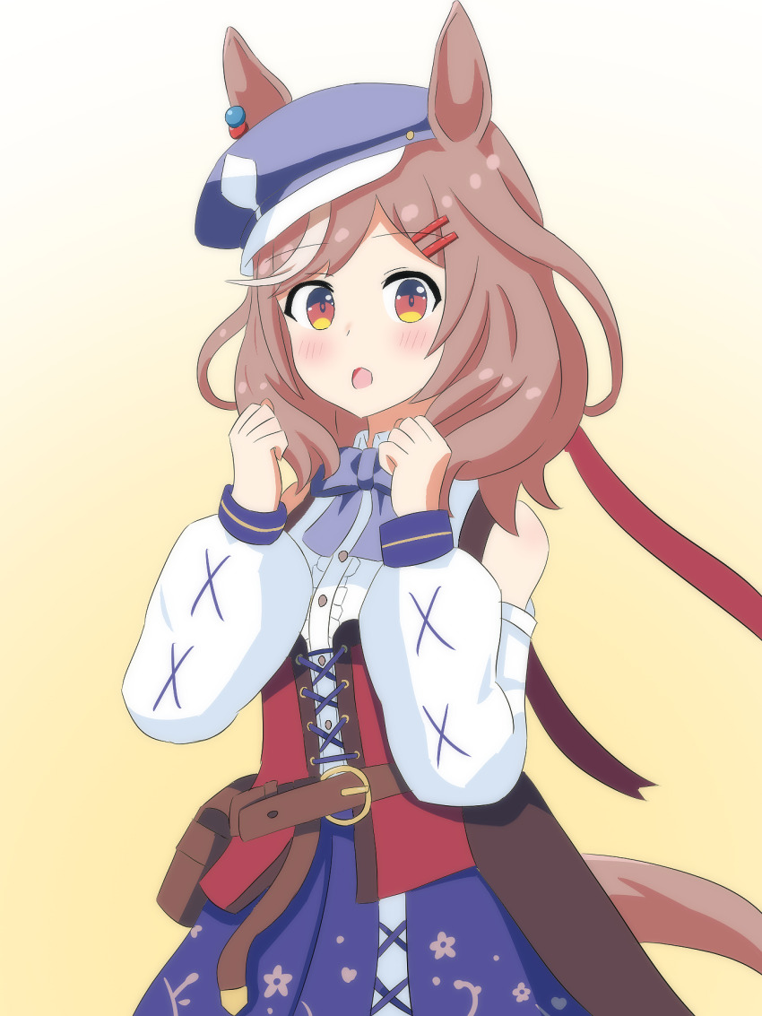 1girl animal_ears belt_bag blue_hat blush bow breasts brown_hair ear_covers ear_ornament ears_through_headwear ei_ei_mun! hair_ornament hairclip hat highres horse_ears horse_girl horse_tail looking_at_viewer matikanetannhauser_(panpaka_tiltott)_(umamusume) matikanetannhauser_(umamusume) medium_breasts medium_hair multicolored_hair newsboy_cap open_mouth smoothie1023 solo streaked_hair tail tilted_headwear umamusume yellow_eyes