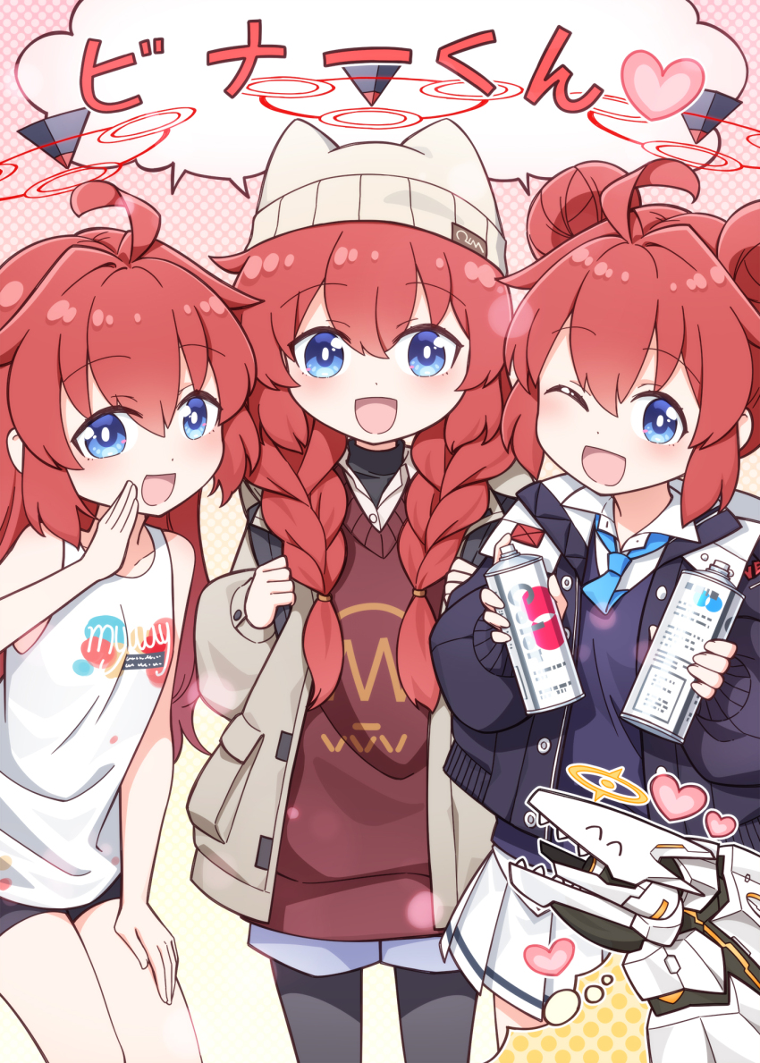 3girls :d ;d ^_^ ahoge animal_ears animal_hat backpack bag bare_arms bare_shoulders beanie bike_shorts binah_(blue_archive) black_jacket black_pantyhose black_shirt black_shorts blue_archive blue_eyes blue_necktie braid brown_hat brown_jacket brown_sweater closed_eyes collared_shirt commentary_request double_bun dress_shirt fake_animal_ears grey_shorts hair_bun halo hand_to_own_mouth hand_up hands_up harada_(sansei_rain) hat heart highres holding imagining jacket long_hair long_sleeves low_twintails maki_(blue_archive) maki_(camp)_(blue_archive) multiple_girls multiple_persona necktie one_eye_closed open_clothes open_jacket open_mouth pantyhose pantyhose_under_shorts puffy_long_sleeves puffy_sleeves red_hair shared_speech_bubble shirt shorts smile speech_bubble spray_can sweater tank_top translation_request twin_braids twintails undershirt white_shirt white_tank_top