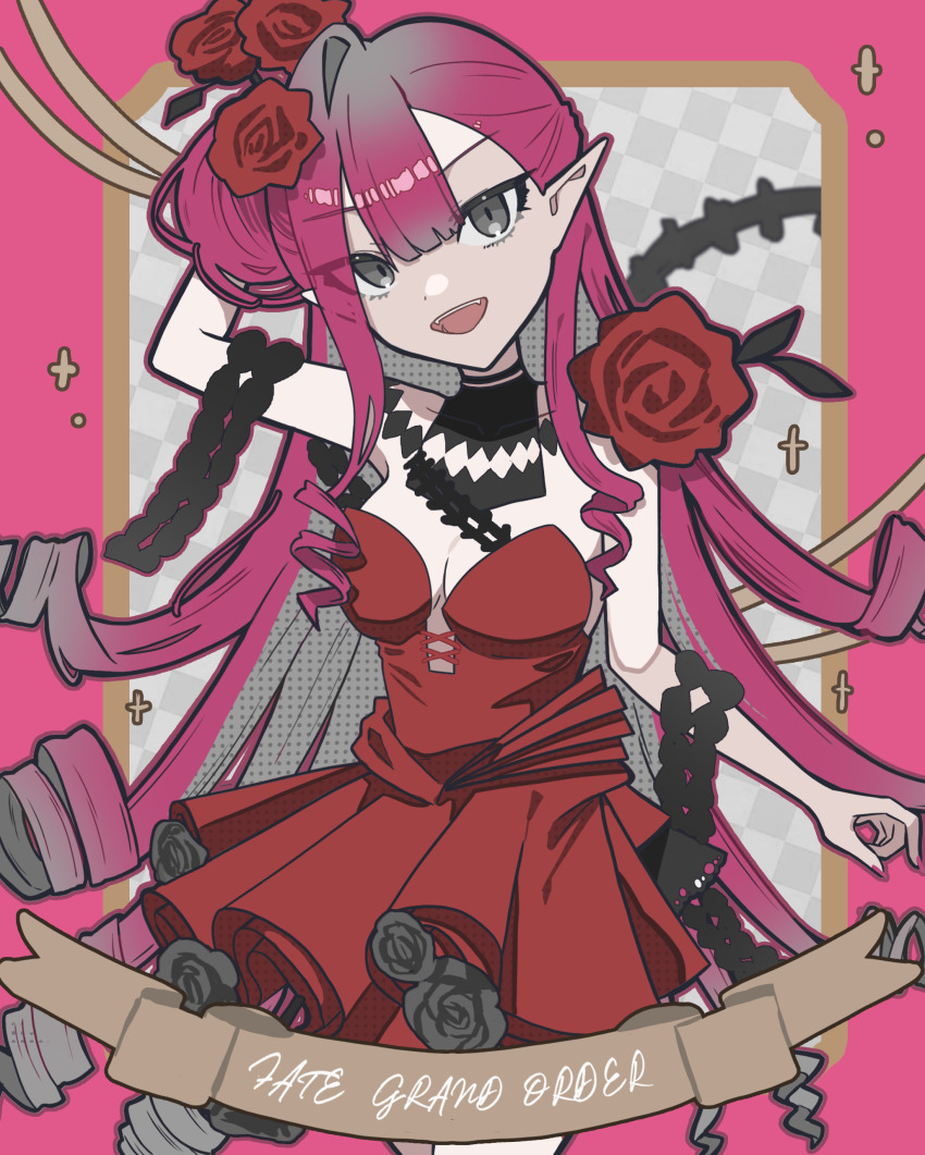 1girl absurdres baobhan_sith_(fate) baobhan_sith_(fgo_fes._2025)_(fate) bare_shoulders breasts detached_collar dress fangs fate/grand_order fate_(series) flower grey_eyes hair_bun hair_flower hair_ornament hand_up highres long_hair looking_at_viewer open_mouth pink_hair pointy_ears red_dress red_flower smile solo user_nset2884