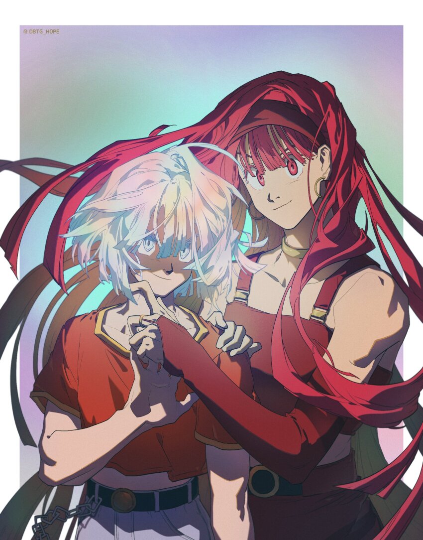 2girls absurdres alternate_universe aqua_hair wallet_chain blunt_bangs blunt_ends bob_cut border bra_(dragon_ball) bridal_gauntlets colored_eyelashes cowboy_shot crop_top dbtg_hope denim dragon_ball dragon_ball_gt dragon_ball_super earrings floating_clothes floating_hair gold_choker gold_earrings gradient_background hairband hand_on_another&#039;s_shoulder highres holding_hands hoop_earrings iridescent_hair jeans jewelry long_hair looking_at_viewer midriff multicolored_hair multiple_girls pan_(dragon_ball) pants pink_hair red_bridal_gauntlets red_eyes red_hair red_hairband red_shirt red_skirt shirt short_hair skirt smile smirk super_saiyan super_saiyan_god twitter_username ultra_instinct very_long_hair white_border white_eyes white_hair