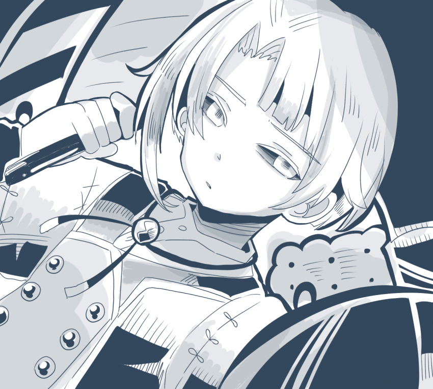 1boy buttons grimms_echoes half-closed_eyes hammer holding holding_hammer holding_shield holding_weapon jewelry male_focus monochrome necklace open_mouth parted_bangs puffy_sleeves shield solo source_request upper_body user_sjtw2272 void_hansel_(grimms_echoes) weapon