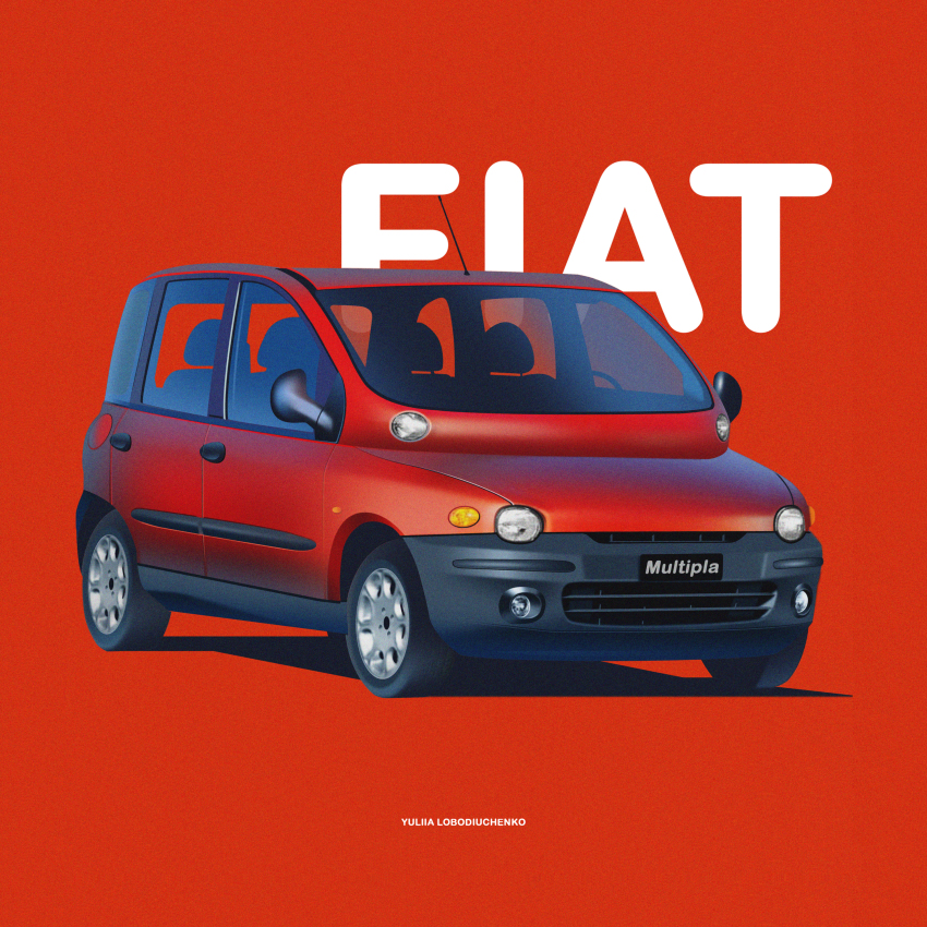 absurdres artist_name car fiat fiat_multipla highres no_humans original radio_antenna red_car red_theme shadow vehicle_focus vehicle_name yuliia_lobodiuchenko