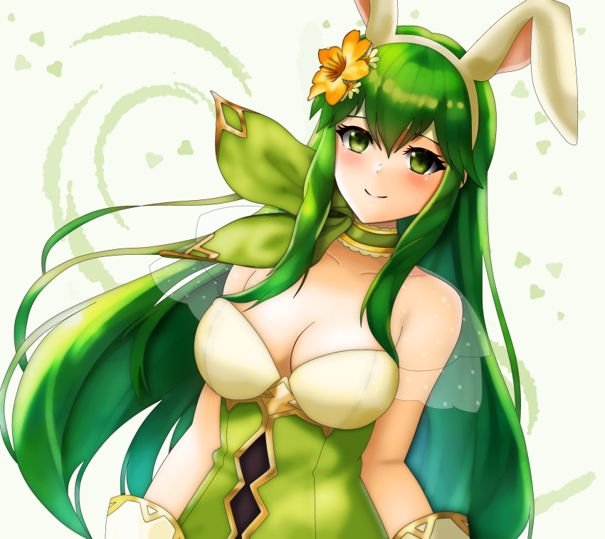 1girl absurdres animal_ears breasts dinjo fire_emblem fire_emblem:_mystery_of_the_emblem fire_emblem:_shadow_dragon_and_the_blade_of_light fire_emblem_heroes flower green_eyes green_hair hair_flower hair_ornament highres large_breasts leotard nintendo palla_(fire_emblem) palla_(spring)_(fire_emblem) playboy_bunny rabbit_ears scarf solo upper_body