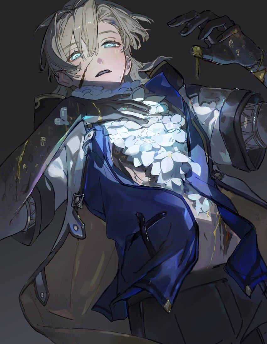 1boy absurdres aji_11300913 albedo_(genshin_impact) black_background black_hands black_pants blonde_hair blue_eyes blue_jacket colored_extremities cracked_skin flower genshin_impact hair_between_eyes highres jacket male_focus pants parted_lips short_sleeves simple_background solo upper_body