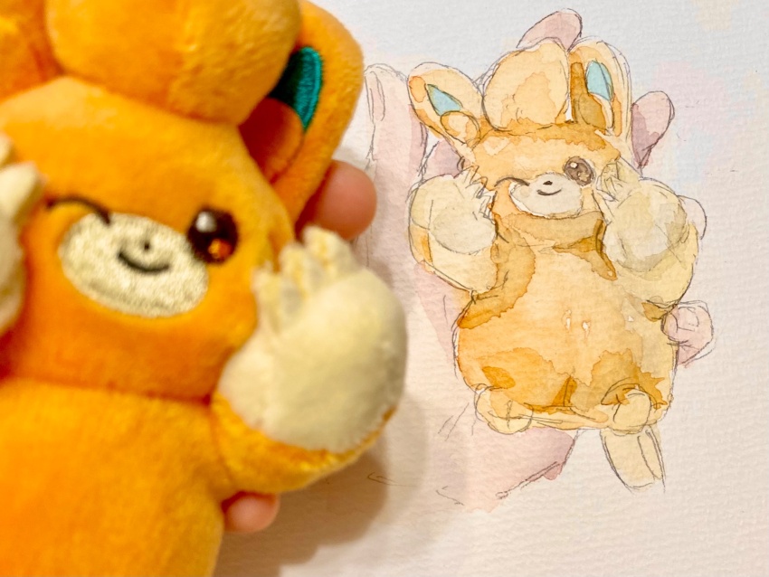 animal_focus black_eyes blurry blurry_foreground closed_mouth disembodied_hand full_body hands_on_own_cheeks hands_on_own_face hands_up happy highres holding holding_pokemon mame_(nanase_pk) nintendo one_eye_closed painting_(medium) pawmot photo_(medium) pokemon pokemon_(creature) sketch smile solo_focus stuffed_animal stuffed_toy traditional_media watercolor_(medium) wink
