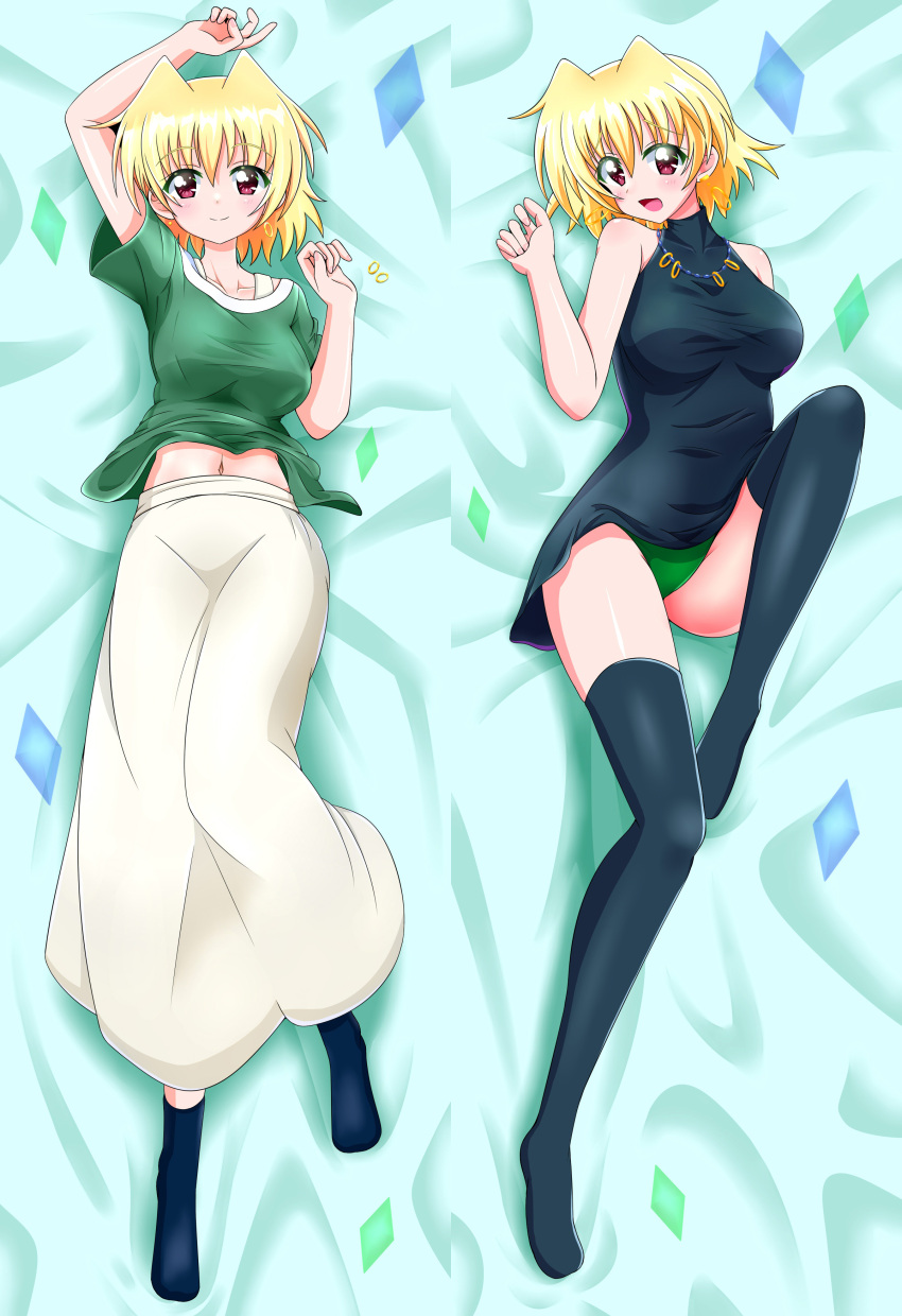 1girl absurdres black_dress black_thighhighs blonde_hair blush breasts closed_mouth dress earrings full_body green_panties highres jewelry large_breasts looking_at_viewer lying lyrical_nanoha mahou_shoujo_lyrical_nanoha mahou_shoujo_lyrical_nanoha_a&#039;s mahou_shoujo_lyrical_nanoha_strikers multiple_views navel necklace on_back open_mouth panties red_eyes shamal short_hair skirt smile thighhighs touya_amagase underwear white_skirt
