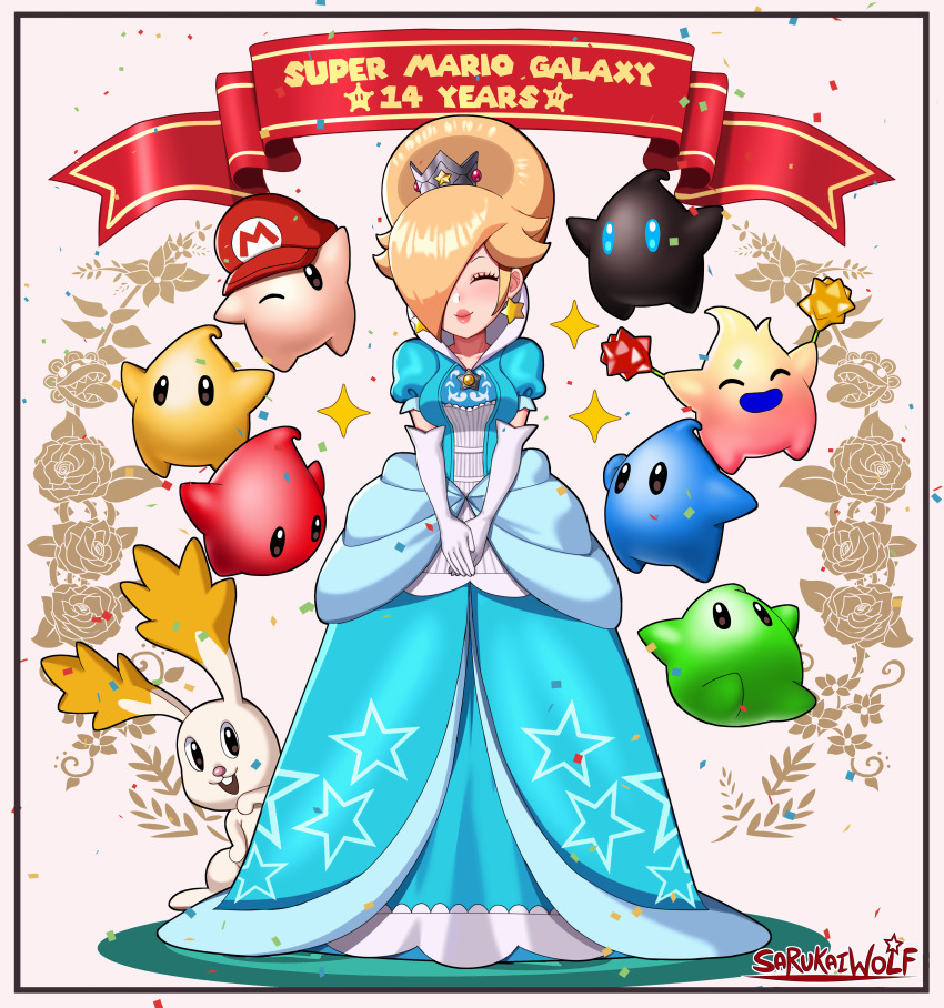 absurdres alternate_costume alternate_hairstyle anniversary blonde_hair blush crown dress earrings elbow_gloves flower gloves hair_over_one_eye hat highres hungry_luma_(super_mario_galaxy) jewelry luma_(mario) mario_(series) mini_crown nintendo polari_(super_mario_galaxy) prototype_design rabbit red_headwear rosalina sarukaiwolf smile standing star_(symbol) star_bunny star_earrings super_mario_galaxy white_gloves