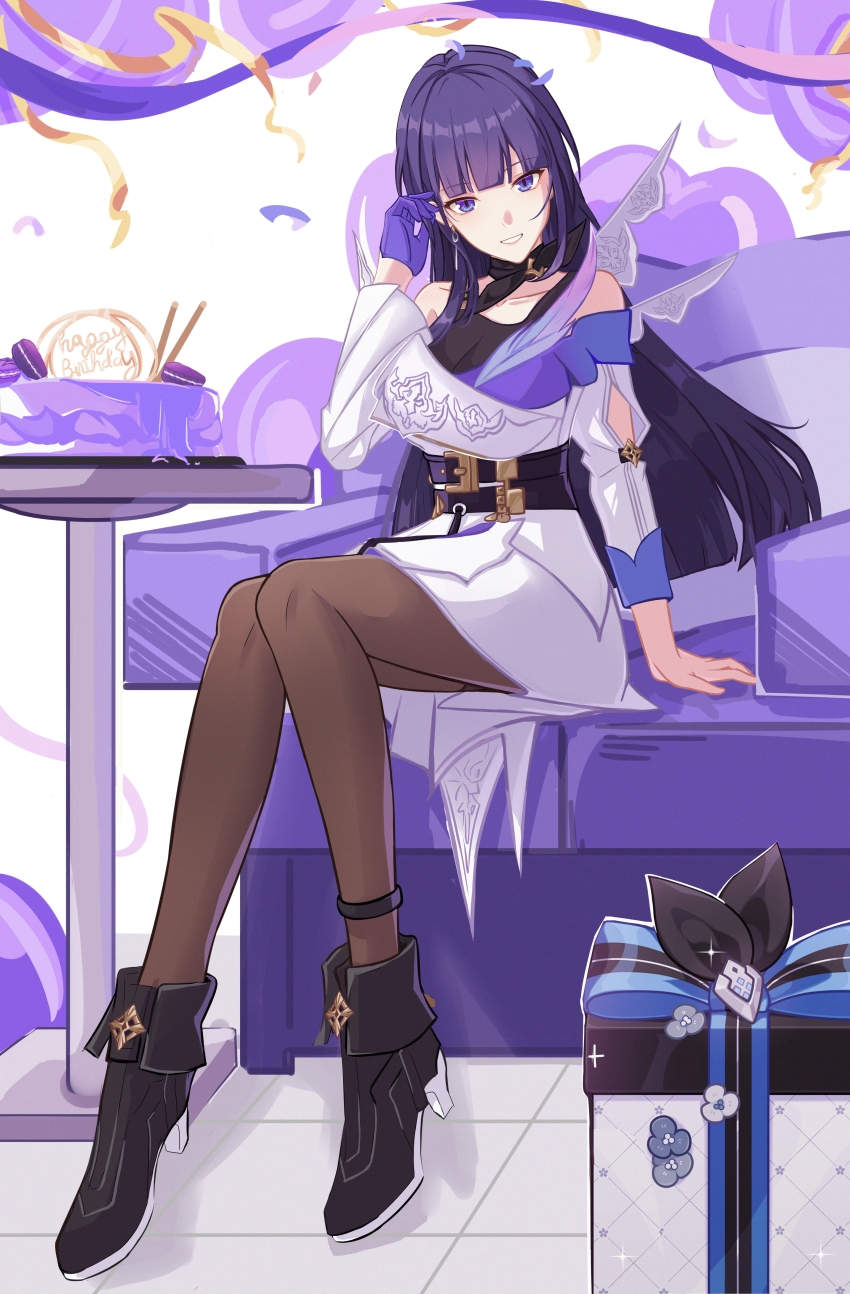 1girl absurdres birthday_cake black_boots black_pantyhose boots box breasts cake chinese_commentary cleavage commentary_request dress earrings food gift gift_box gloves highres honkai_(series) honkai_impact_3rd jewelry large_breasts li_shijin long_hair pantyhose purple_eyes purple_gloves purple_hair raiden_mei raiden_mei_(apho) see-through_cleavage see-through_clothes sitting smile solo very_long_hair white_dress