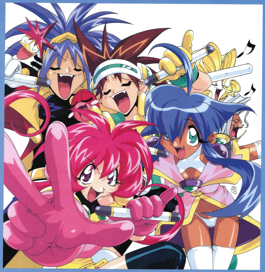 1990s_(style) 3boys 3girls absurdres ahoge aqua_eyes baba_lemonade black_legwear blonde_hair blue_hair blush_stickers border brown_hair cacao_(lamune) closed_eyes da_cider dark-skinned_male dark_skin fang fangs flipped_hair gloves green_eyes hair_over_one_eye headgear heavy_meta-ko highres holding holding_microphone kotobuki_tsukasa long_hair looking_at_viewer microphone multiple_boys multiple_girls music musical_note narcisst_dandy ng_knight_lamune_&amp;_40 official_art open_mouth outstretched_arm parfait_(lamune) pheromone_lip pink_gloves pink_hair pinky_out pq_(lamune) purple_eyes purple_hair red_eyes retro_artstyle scan sidelocks simple_background singing snake tan teeth thighhighs upper_teeth_only v-shaped_eyebrows vs_knight_lamune_&amp;_40_fire w white_hair white_legwear