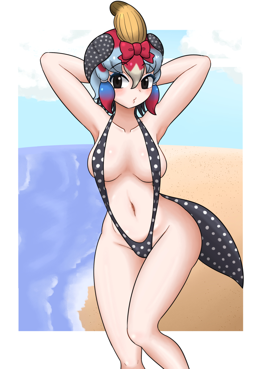 1girl absurdres arms_behind_head beach blue_hair blush breasts cacaocreate cloud covered_erect_nipples hair_between_eyes hair_ribbon head_wings helmeted_guineafowl_(kemeno_friends) highres kemono_friends kemono_friends_3 looking_at_viewer medium_breasts multicolored_hair navel parted_lips polka_dot polka_dot_swimsuit polka_dot_tail red_hair ribbon sand sky slingshot_swimsuit solo swimsuit tail water wings