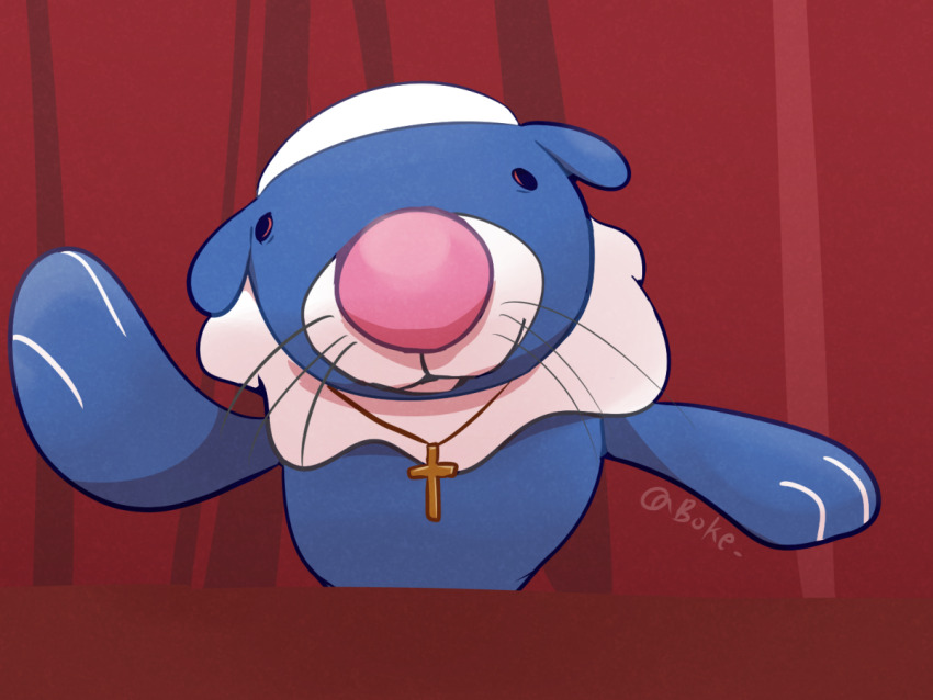 2025 animal_focus artist_name black_eyes boke-chan cross cross_necklace gen_7_pokemon head_back jewelry looking_at_viewer necklace nintendo no_humans orange_scarf pokemon pokemon_(creature) pope popplio portrait pun scarf seal_(animal) simple_background solo twitter_username whiskers