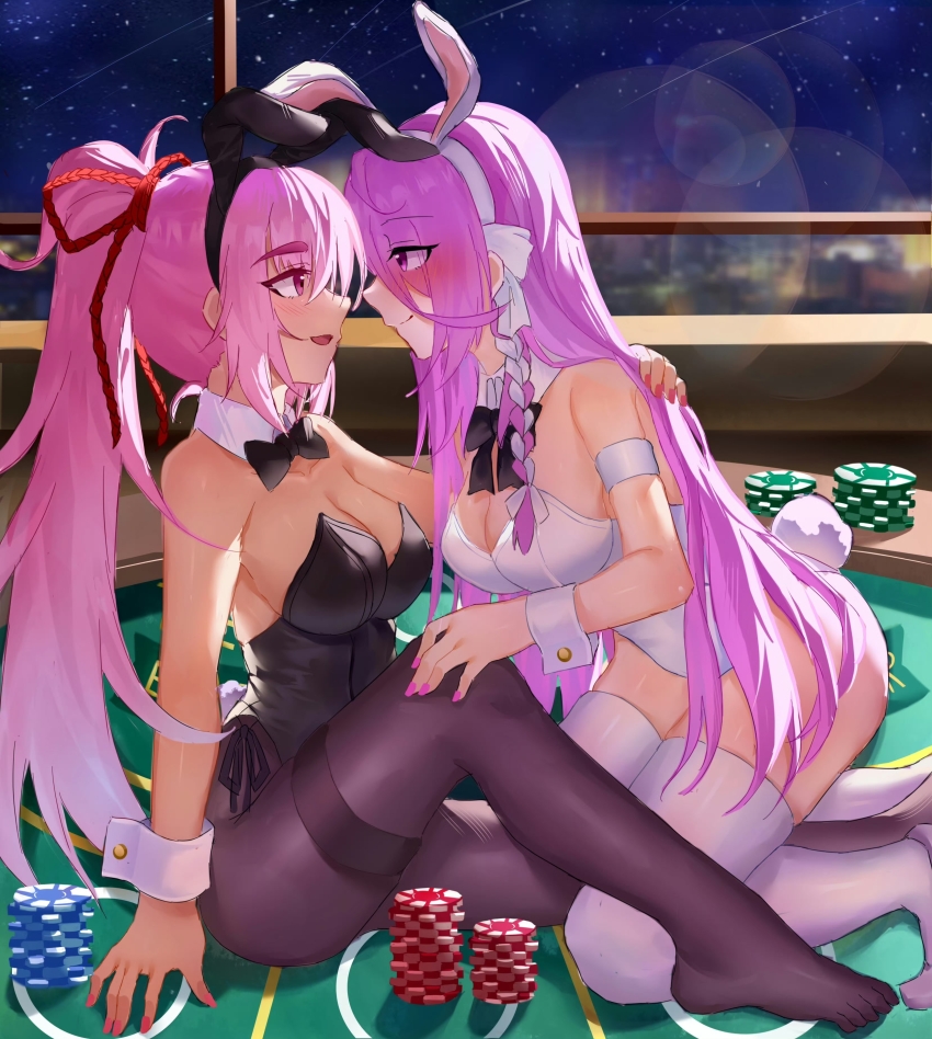 2girls absurdres animal_ears black_bow black_leotard black_pantyhose bow bowtie breasts casino casino_card_table cleavage eye_contact fake_animal_ears hair_over_one_eye hair_ribbon heaven_burns_red highleg highleg_leotard highres indoors kura_satomi large_breasts lens_flare leotard lidce long_hair looking_at_another multiple_girls night night_sky pantyhose pink_hair playboy_bunny poker_chip ponytail rabbit_ears rabbit_tail red_eyes red_ribbon ribbon side-tie_leotard sky smile star_(sky) starry_sky strapless strapless_leotard table tail tsukishiro_monaka very_long_hair yuri