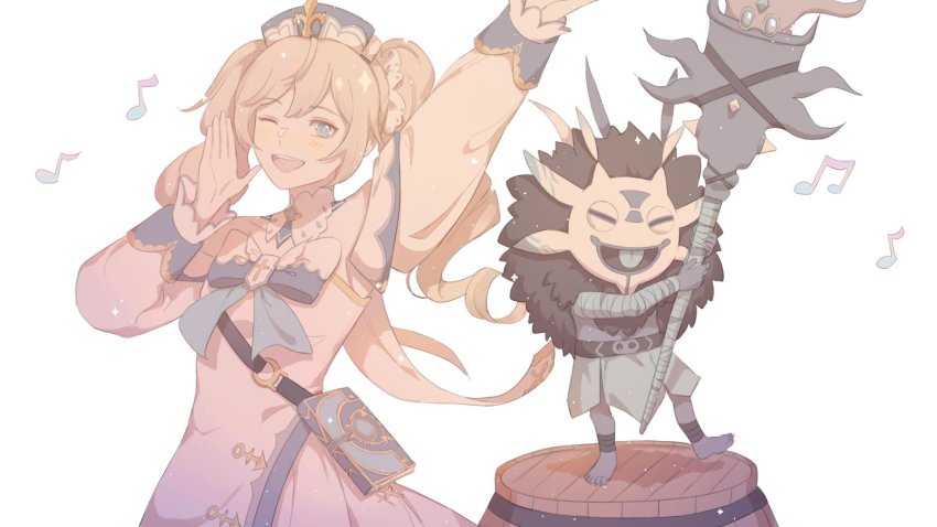 1girl 1other :d arms_up bag bandaged_arm bandages barbara_(genshin_impact) barefoot barrel black_fur black_skin blonde_hair blue_dress blue_eyes blue_tongue book bow colored_skin colored_tongue commentary cross dress drill_hair duet full_body fur_collar genshin_impact hand_to_own_mouth hat highres hilichurl_(genshin_impact) holding holding_staff latin_cross long_sleeves mask music musical_note muted_color one_eye_closed open_mouth shinyshynii simple_background singing smile staff standing_on_object tongue twin_drills twintails upper_body vision_(genshin_impact) white_background white_bow white_dress white_headwear white_sleeves