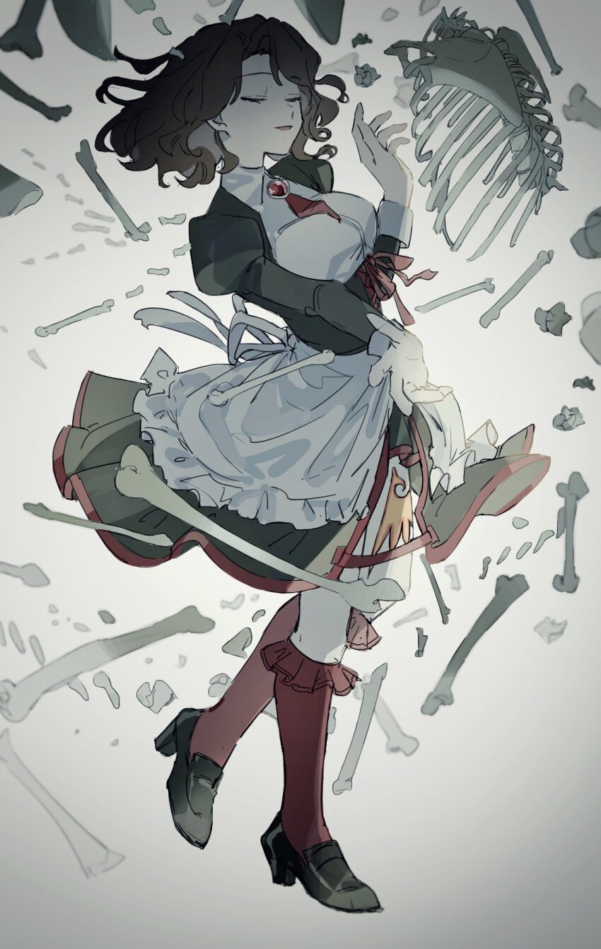 1girl apron black_dress black_shoes bone breasts brooch brown_hair closed_eyes dress finsuess full_body gradient_background grey_hair hand_up highres jewelry kneehighs large_breasts long_sleeves necktie otome_kaibou_(vocaloid) parted_lips puffy_sleeves red_necktie red_socks ribs shannon_(umineko) shoes short_necktie skeleton socks solo standing umineko_no_naku_koro_ni waist_apron white_apron