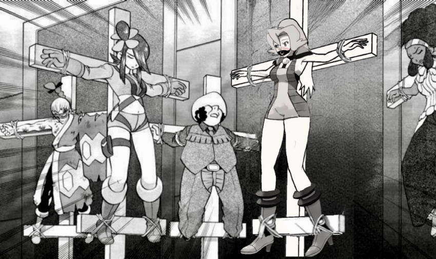 bdsm bondage bound bound_arms bound_legs brycen_(pokemon) captured clair_(pokemon) clay_(pokemon) crucifixion defeat embarrassed gag gagged humiliation lenora_(pokemon) nintendo pokemon pokemon_adventures pokemon_hgss prison prisoner restrained skyla_(pokemon) team_plasma thick_thighs thighs third-party_edit torture