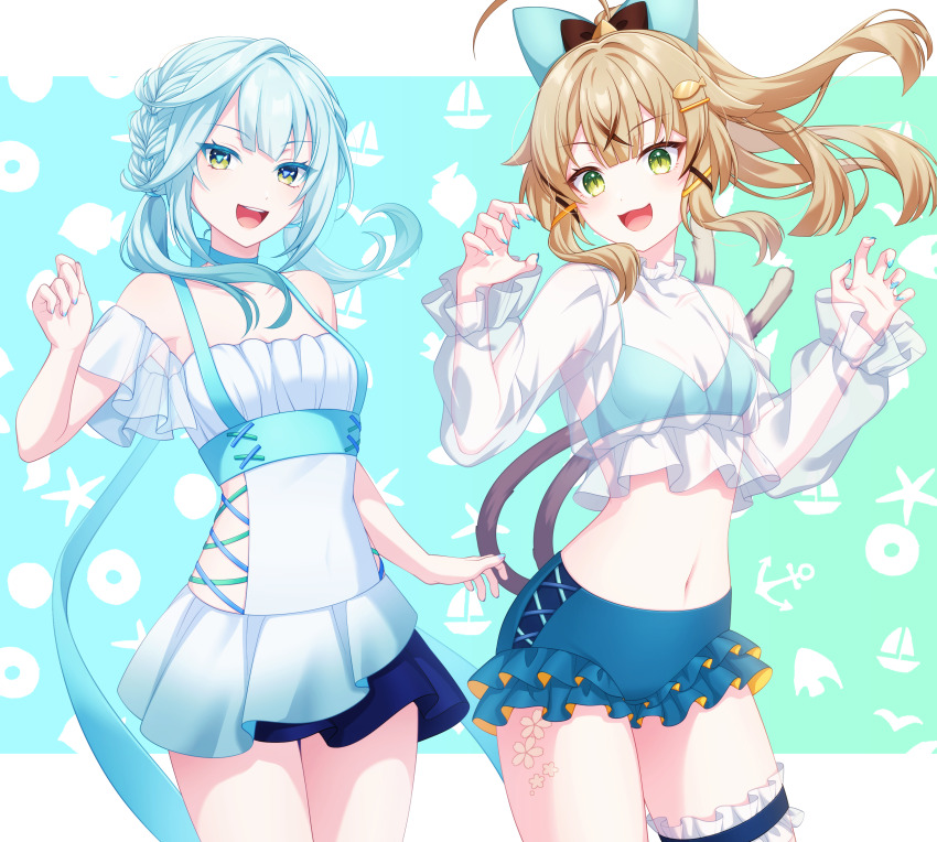2girls absurdres alternate_costume alternate_hairstyle animal_ears aqua_hair bikini blonde_hair blue_bikini blue_shorts bow breasts brown_hair cat_ears cat_tail commentary_request crop_top dress faruzan_(genshin_impact) fish_hair_ornament genshin_impact green_eyes hair_bow hair_ornament hairclip highres hoyolab_username kirara_(genshin_impact) long_hair medium_breasts midriff multicolored_hair multicolored_nails multiple_girls multiple_tails navel open_mouth pochimaru_(marumaru_wanwan) shorts smile swimsuit symbol-shaped_pupils tail teeth tongue triangle-shaped_pupils twintails upper_body upper_teeth_only white_dress