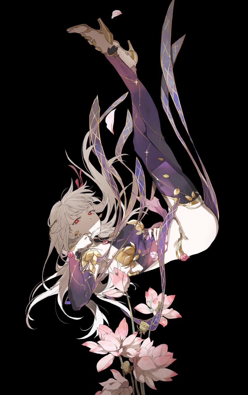 1girl absurdres armlet armor bikini_armor black_background collar detached_sleeves dress earrings fate/grand_order fate_(series) flower hair_ribbon highres jewelry kama_(fate) kama_(second_ascension)_(fate) long_hair looking_at_viewer lotus lotus_pod lotus_print metal_collar mimulishizi pink_flower pink_ribbon purple_dress purple_sleeves purple_thighhighs red_eyes ribbon ring simple_background solo thighhighs white_hair